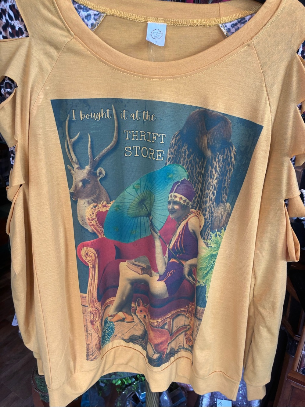 Women’s Mustard Graphic Long Sleeve Tee "I bought it at the thrift store" - Picture 2 of 5